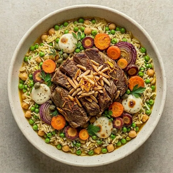 Saffron Beef Mansaf with Peas and Rice Mix